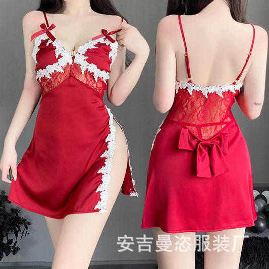 Deep V Tempting Side Slit Embroidered Suspender Nightgown SCD0069